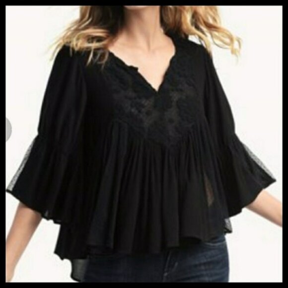 Ella Moss NWT Women's Stunning Black Pleated Lace Bib Peasant Blouse, Medium - Picture 2 of 8